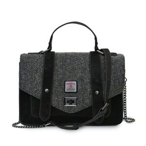 Islander Harris Tweed Large A5 Satchel Gray Herringbone Black Suede Chain NWT
